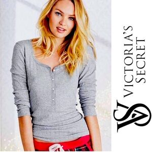Victorias Secret • Grey Ribbed Henley • Sparkly Long Sleeve • Pajama Top • M